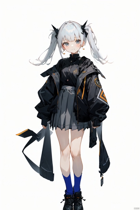 straight-on,white background,grey hair,1girl, looking at viewer, bangs, skirt, shirt, hair ornament, long sleeves, closed mouth, standing, jacket, full body, earrings, open clothes, shoes, teeth, socks, open jacket, two side up, black jacket, sleeves past wrists, 1girl