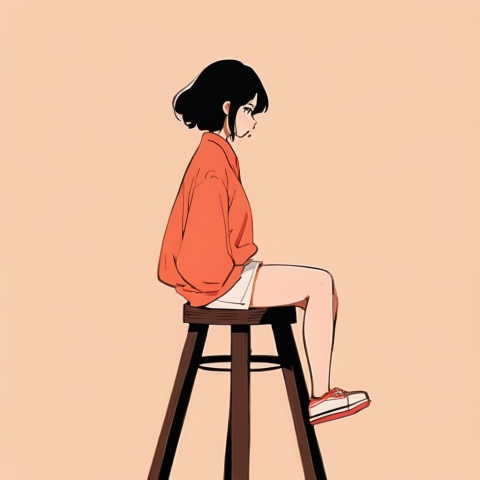  a woman sitting on top of a wooden stool, an anime drawing by Pu Hua, trending on pixiv, optical illusion, booru, pixiv,anime,simpleline,simpleline,concept art