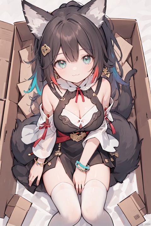  1girl,solo,blunt bangs,hair ornament,(:3),long hair,Hoodies_Cat pattern,cat_thighhighs,from above,Sitting in a cardboard box,cats cuddle in cardboard boxes,


tingyun,1girl,fox ears,long hair, ponytail,multicolored hair, brown hair, earrings,jewelry,,cleavage, detached sleeves,wide sleeves, bare shoulders, black dress, bracelet, gold trim,tassel, fox tail, pelvic curtain,white thighhighs
