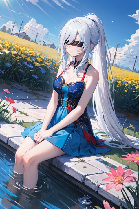  best quality, (masterpiece:1.2), (reflection light),lensflare,close-up,sparkle,Dutch angle,depth of field, ,1girl, girl middle of flower, jingliu,grey hair,blue hair ,red eyes, long_ponytail, clear sky, outside, collarbone, sitting, absurdly long hair, clear boundaries of the cloth, blue dress, ground of flowers, thousand of flowers, colorful flowers, flowers around her, various flowers, solo,(blindfold), 