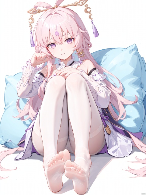  foot focus, 1girl, no shoes, solo, feet, pantyhose, soles, long hair, white pantyhose, looking at viewer, purple eyes, sitting, long sleeves, toes, bangs, foreshortening, hair between eyes, pink hair, legs, frills, dress, hand up, thighband pantyhose, full body, fuxuan,perfect hands,white background,simple background,pillow