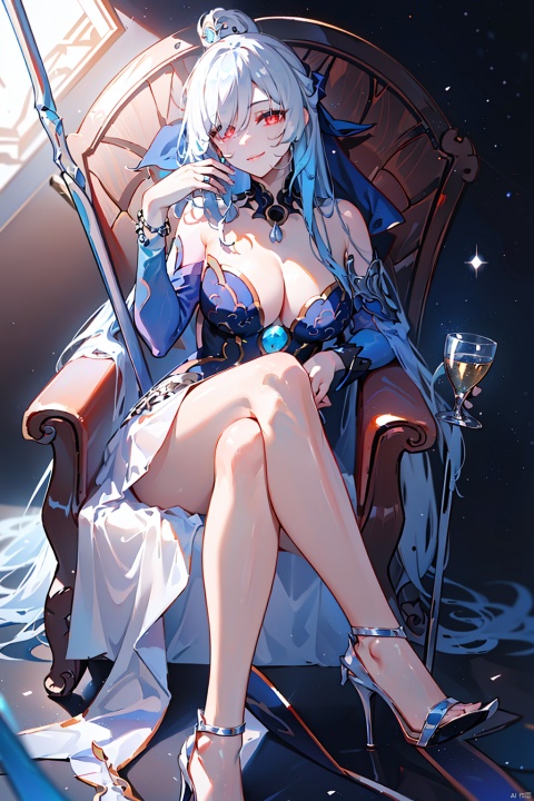  Best quality,ultra detailed,photorealistic,realistic,photography,otherworldly beings,footfocus,palaces,thrones,1girl, solo, looking at viewer, smile, bangs, (red eyes),(blue hair) (silver hair)(blue hair),hair ornament, dress, jewelry, closed mouth, sitting,bracelet, white dress, pelvic curtain, side slit,fullbody,sitting,((white evening_gown)),bare shoulder,(black background）,long hair,black shoes,lensflare,depth of field,collarbone,sparkle,bare legs,((stiletto heels)), white dress,crown,threaded cane, , jingliu, shine eyes01,jingliu
