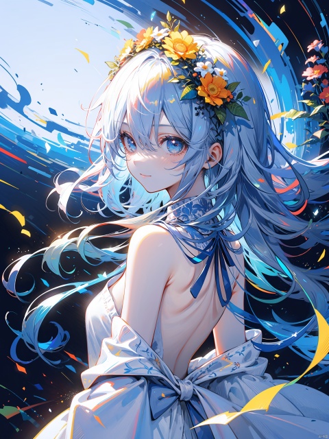  Light-electric style, shining, 1girl, solo, blue eyes, long hair, looking at viewer, looking back, hair between eyes, hair ornament, upper body, shirt, flower, bangs, black shirt, closed mouth, hair flower, floating hair, smile, blue hair, head wreath, white hair, from behind, fangao,backless outfit, bare shoulders, 