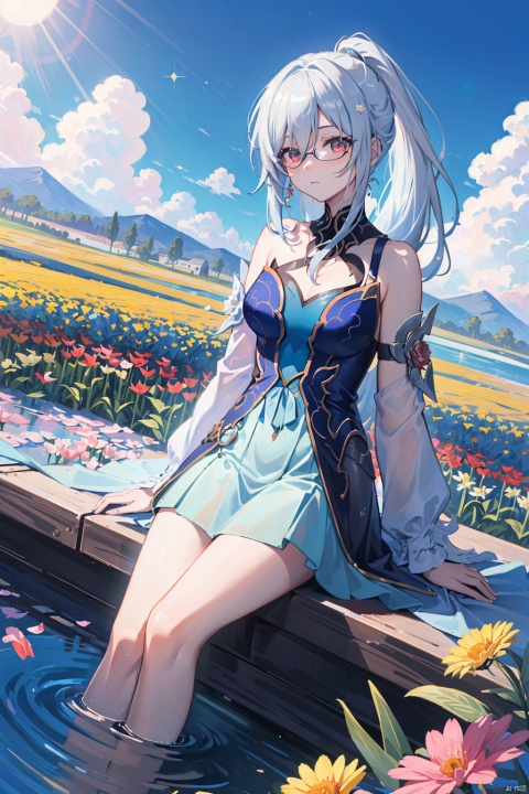  best quality, (masterpiece:1.2), (reflection light),lensflare,close-up,sparkle,Dutch angle,depth of field, ,1girl, girl middle of flower, jingliu,grey hair,blue hair ,red eyes, long_ponytail, clear sky, outside, collarbone, sitting, absurdly long hair, clear boundaries of the cloth, blue dress, ground of flowers, thousand of flowers, colorful flowers, flowers around her, various flowers, solo,