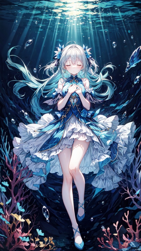 masterpiece,best quality,highres,blue theme,1girl,very beautiful and cute,full body, underwater, Starry colors swirling around,, sweet girl,hands on own chest, closed eyes,shine light