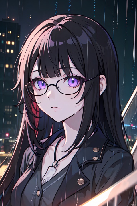 (A beautiful long haired girl), ((rainy)), (rainy), cloudy, neon lights of the city, high-rise buildings, ((solo)), atmosphere, movie quality, story sense, solo, neon lights, neon lights, starry sky, high quality, high details, high resolution, backlight,1girl, (rain on the face), 1girl,huahuo,black hair,purple hair,(glasses),straight hair
