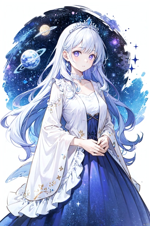  The image features a woman with long silver hair, wearing a purple dress and a tiara. She is floating in space, holding a star in her hand. She is looking at the galaxy with a majestic expression, creating a sense of wonder and awe in the scene. The image has a **galaxy** painting style, with sparkling and colorful effects.