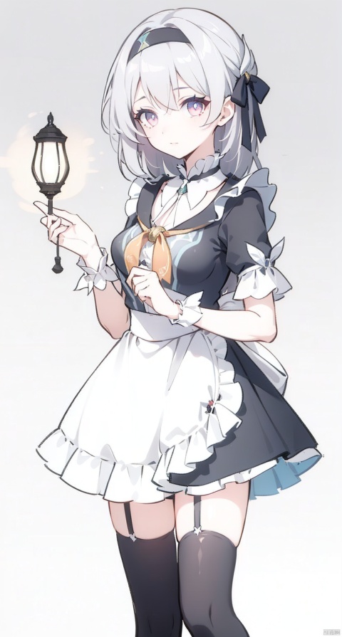  best quality,(masterpiece:1.2)1girl, solo,thighhighs, maid,cosplay, garter straps,grey hair,black hairband,liuying,pink eyes,purple eyes,green eyes ,multicolored eyes,lamp, picture \(object\)