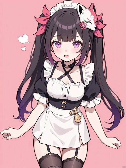  best quality,(masterpiece:1.2)1girl, solo,thighhighs, maid,cosplay, garter straps,brown hair,twin tails,,pink eyes,purple eyes,green eyes ,multicolored eyes,picture \(object\), HTTP, 1girl,fox mask,multicolored background