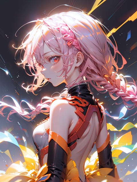  Light-electric style, shining, 1girl, solo, red eyes, looking at viewer, braid, hair ornament, upper body, long hair, bangs, looking back, electricity, parted lips, headgear, breasts, profile, from side, from behind, pink hair, jewelry,(Yuzuriha Inori),braid, 