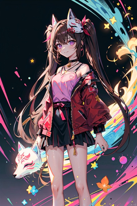  1girl,colorful,whole body,fashion,huahuo,smile,
, brown hair, purple eyes,red jacket, hair between eyes, closed mouth, long sleeves, standing, ,bangs, jewelry,twin tails,(long hair), Light-electric style,fox mask,pink shirt