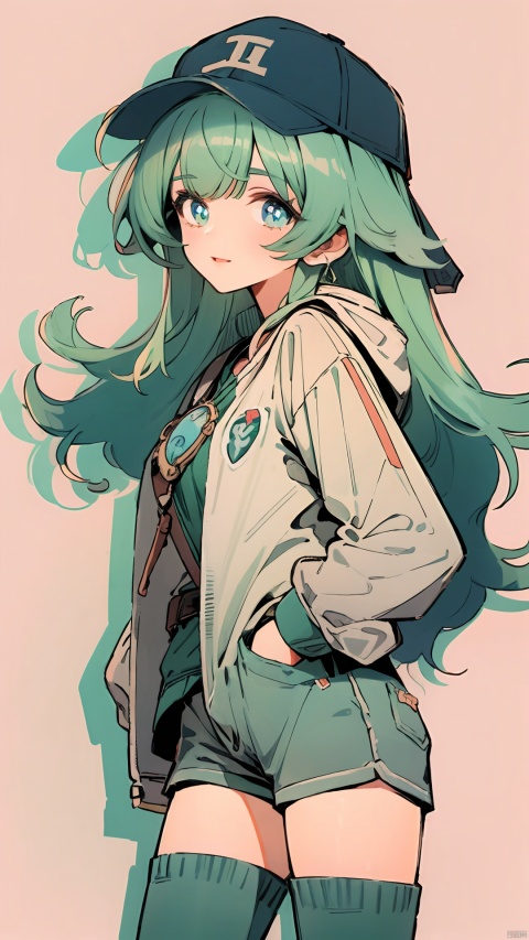  (best quality), ((masterpiece)), (highres), illustration, original, extremely detailed,1girl, solo, blue eyes, green hair, thighhighs, wristband, baseball cap, long hair, belt, hand on hip, lips, red background, looking at viewer,hoodie,denim_shorts, simple background, bsx, white sweater,smile,green clothes,hands in pocket, huoh