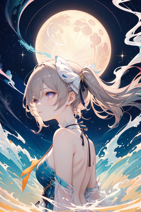  (masterpiece,top quality,best quality,official art,beautiful and aesthetic:1.2),,dreamwav,android,smoke,aesthetic,vortex,beautiful woman,(elegant:1.2),flactal art,colorful,crystal,gold,backless,looking right,(sexy:0.5),wind,storm,backlighting,solar eclipse,long hair,vogue,depth of field,translucent,floating, fangao,moon,starry sky,purple eyes, pink eyes,mutilcolored eyes,1girl,brown hair,twin tails,huahuo,mask on head