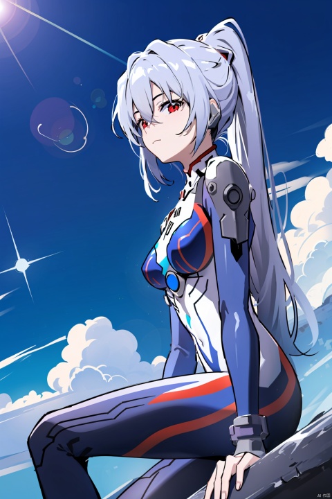  best quality, (masterpiece:1.2), (reflection light),lensflare,close-up,sparkle,Dutch angle,depth of field, ,1girl, jingliu,1girl, solo, (plugsuit), red eyes, long hair, bodysuit, sitting, breasts, cloud, sky, red bodysuit, small breasts, hair between eyes, day, looking at viewer, hand on own knee, cockpit,grey hair, blue hair,ponytail,blue sky, pilot suit, bangs, orange hair, closed mouth, outdoors, interface headset, from side,EVANGELION style,NEON GENESIS EVANGELION,