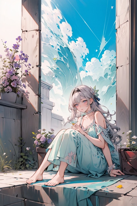  best quality, (masterpiece:1.2), (reflection light), ,1girl, girl middle of flower, grey hair, pink eyes,green eyes,multicolored eyes, black hairband,clear sky, outside, collarbone, sitting, absurdly long hair, clear boundaries of the cloth, white dress, fantastic scenery, ground of flowers, thousand of flowers, colorful flowers, flowers around her, various flowers, solo