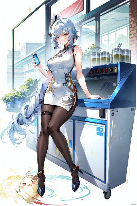  1girl, in container, full body,qipao,azur lane,breasts,looking at viewer, bare shoulders, hair bow, colorful,red eyes,Large chest,White hair, sucrose (genshin impact), shenhe (genshin impact), Siggy, office lady