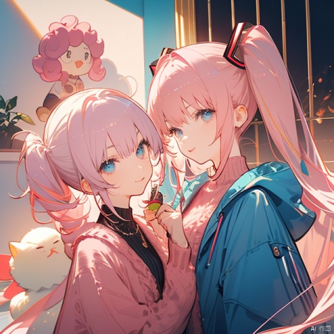 (Masterpiece), (Magnum Opus), best lighting, best shadows, perfect features, Hatsune Miku, blue twin tails, pink highlights, wink, pink knit sweater, Jigglypuff, (adorable)