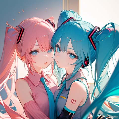 (Masterpiece), (Magnum Opus), best lighting, best shadows, perfect features, Hatsune Miku, blue twin tails, pink highlights, wink, pink knit sweater, Jigglypuff, (adorable), mikudef