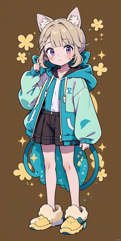  1petite , Rice brown hair, purple eyes, (yellow eyes),puffy sleeves,fur-trimmed jacket, hair flower, fipped hair, high ponytail, loose over_sized Casual T-shirt, white shirt, hoodie coat, bare legs, slippers;relaxed, one-eye_closed, adjusting hair, looking at viewer, standing., Anime, kpstyle, GraffitiIP, 1girl