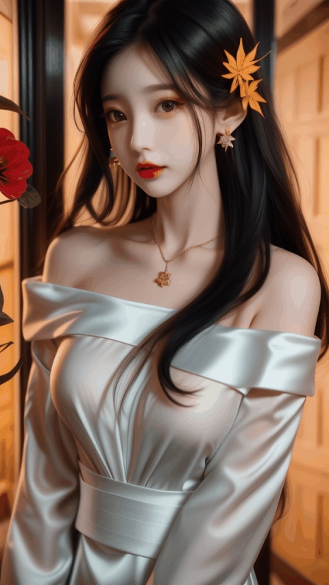  1 girl, jewelry, solo, earrings, long hair, black hair, necklace, bare shoulders, flowers, red lips, hair flowers, upper body, skirt, off shoulder, facial markings, head down, makeup, lips, candles, collarbones, long sleeves, Tyndall effect, 8k, large aperture, masterpiece of the century, sit, maple leaf, doorway, corridor, Sun on face, big breasts, yue , hair ornament , hanfu, Purity Portait