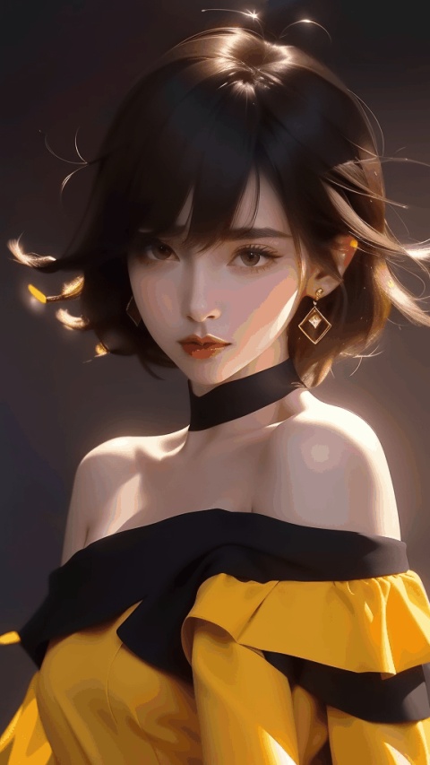  1girl,Bangs,off shoulder,black hair,yellow dress,brown eyes,earrings,dress,earrings,floating hair,jewelry,sleeveless,short hair,Looking at the observer,parted lips,pierced,energy,electricity,magic