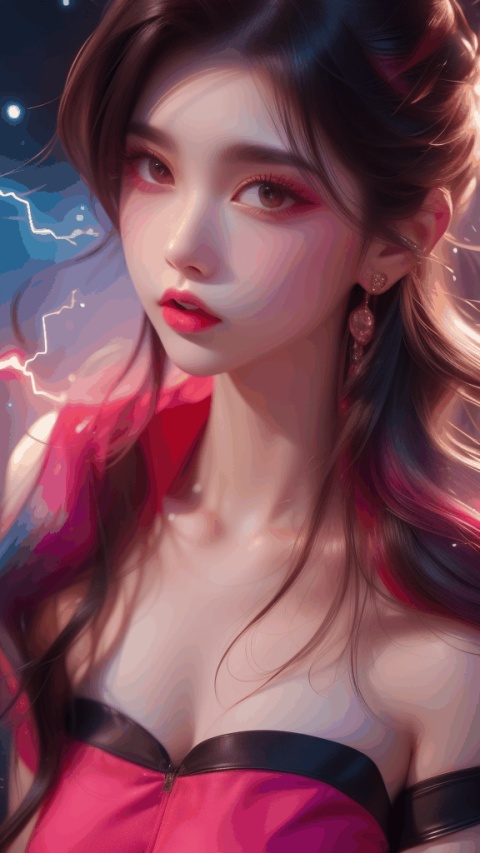  1girl,Bangs,off shoulder,black hair,pink dress,brown eyes,earrings,dress,earrings,floating hair,jewelry,sleeveless,short hair,Looking at the observer,parted lips,pierced,energy,electricity,magic, candy , makeup , multicolored hair, big head, jmai