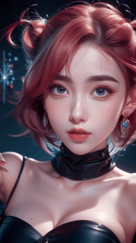  1girl,Bangs, off shoulder, pink hair, black dress, blue eyes, chest, earrings, dress, earrings, floating hair, jewelry, sleeveless, short hair,Looking at the observer, parted lips, pierced,energy,electricity,magic, dopamine, Light master, yinyou, 1 girl