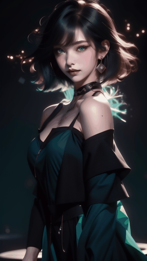  1girl,Bangs, off shoulder, black hair, green dress, blue eyes, chest, earrings, dress, earrings, floating hair, jewelry, sleeveless, short hair,Looking at the observer, parted lips, pierced,energy,electricity,magic,