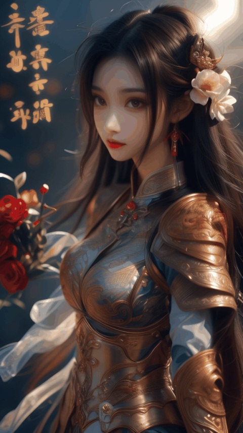  Year of the Dragon,(Happy New Year ),1girl,beautiful eyes,wind, shy, huge breasts, look at the viewer,flowers, float flowers,flying, (\shi shi ru yi\), armor