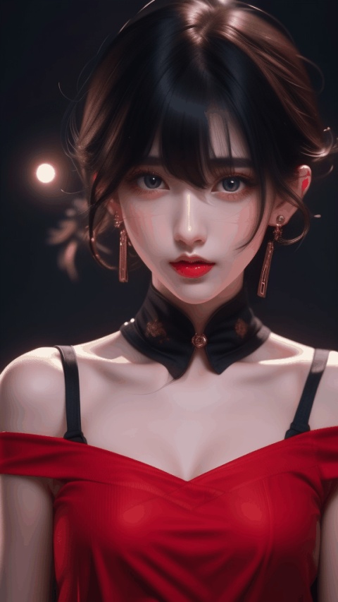 1girl,Bangs,off shoulder,black hair,red dress,blue eyes,earrings,dress,earrings,floating hair,jewelry,sleeveless,short hair,Looking at the observer,parted lips,pierced,energy,electricity,magic,upper_body,