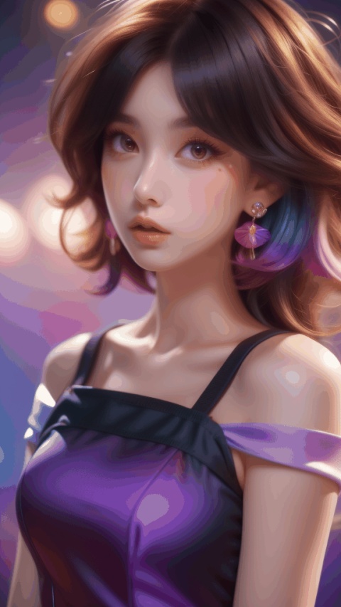  1girl,Bangs,off shoulder,black hair,purple dress,brown eyes,earrings,dress,earrings,floating hair,jewelry,sleeveless,short hair,Looking at the observer,parted lips,pierced,energy,electricity,magic, candy , makeup , multicolored hair