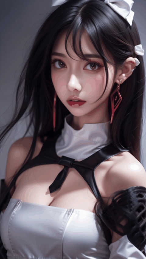  1girl,Bangs, off shoulder, black hair, colorful dress, brown eyes, chest, earrings, dress, earrings, floating hair, jewelry, sleeveless, short hair,Looking at the observer, parted lips, pierced,energy,electricity,magic, 1 girl, yinyou, dress , long sleeves , hair bow