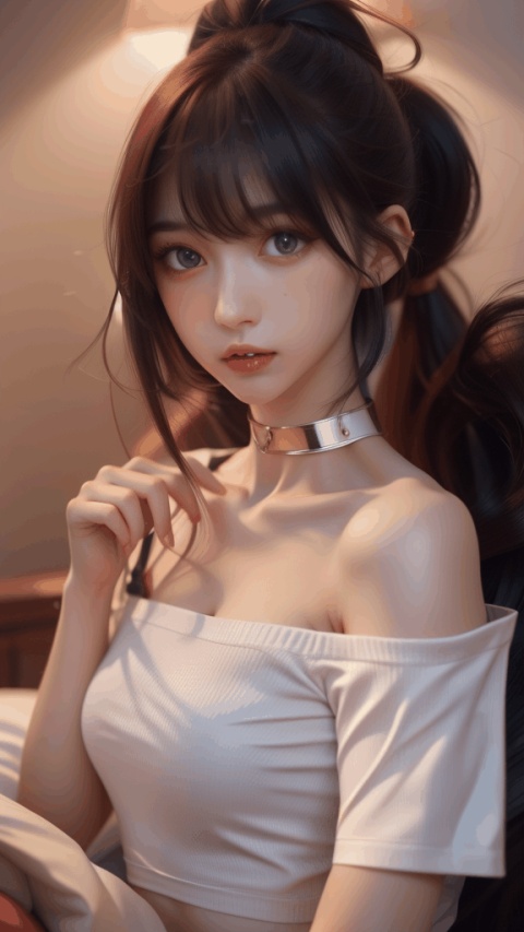  1girl, solo, long hair, looking at viewer, bangs, blue eyes, holding, bare shoulders, closed mouth, brown hair, collarbone, upper body, choker, shiny, shiny hair, High ponytail, asymmetrical bangs, jinx \(league of legends\),bed,lay down,bare,White shirt,flat chest, (\shi shi ru yi\)