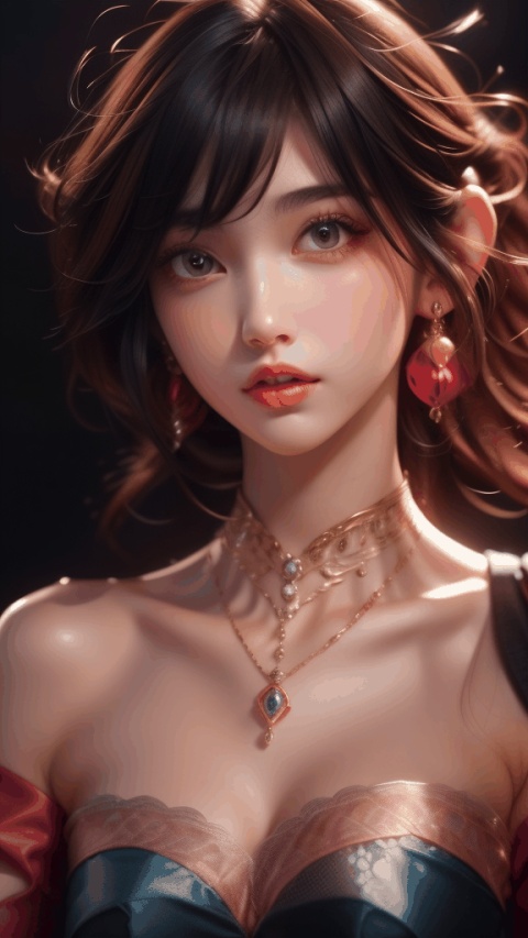  1girl,Bangs,off shoulder,black hair,pink dress,brown eyes,earrings,dress,earrings,floating hair,jewelry,sleeveless,short hair,Looking at the observer,parted lips,pierced,energy,electricity,magic, candy , makeup , multicolored hair, big head, jmai