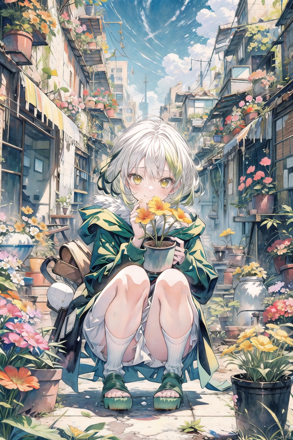  (1girl:0.6),thin,short hair,((white hair)),((green hair end)),small breasts,yellow eyes,closed mouth,black coat,white lining,white skirt,socks,green leaf like hairpin,happy,squatting down,((Holding a potted flower)),((Abandoned cities)), (dilapidated city),sun,sky,full body,masterpiece,best quality,official art,extremely detailed CG unity 8k wallpaper, cozy anime, mahiro, Oil painting, watercolor