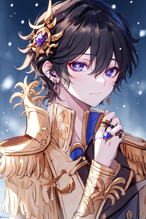  1boy,ebalon, looking at viewer, short hair, blue eyes, black hair, hair between eyes, jewelry, closed mouth, twitter username, ring, epaulettes, snowing, bishounen,yellow eye,