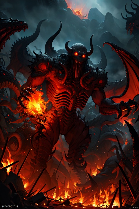  hell,red_sky,molten rock,flame,cthulhu mythos,Cthulhu,living_skeleton,weapon, fire