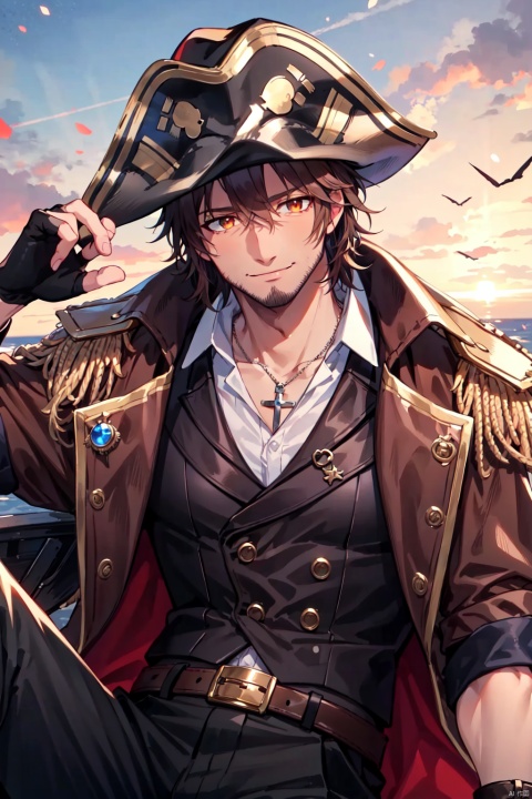 masterpiece,best quality, highly detailed, belmond banderas,male focus, solo, 1boy, black gloves, black pants, fingerless gloves, virtual youtuber, epaulettes, holding, black jacket, stubble, collared shirt, open jacket, smile, looking at viewer, short sleeves, closed mouth, sitting, red cape, brown shirt, belt buckle, white shirt, brown jacket, beard, brown belt,
pirate costume,pirate hat,1