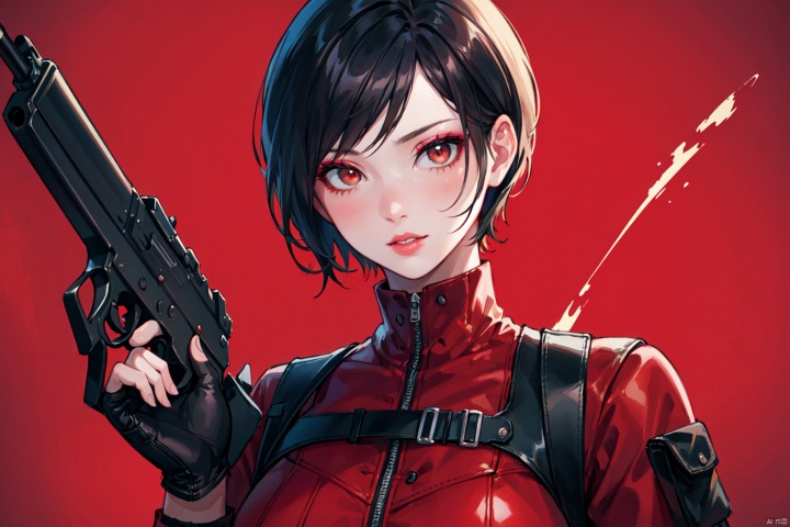 masterpiece,best quality, highly detailed, ada wong,1girl, solo, handgun, gloves, lips, holster, bodysuit, red background, holding gun, makeup, trigger discipline,