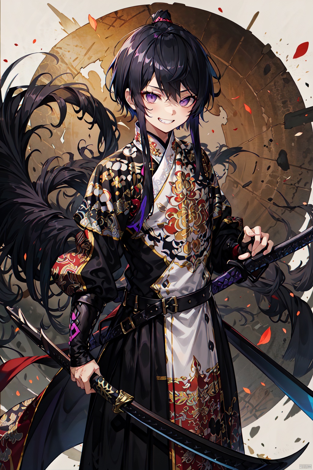 1boy, Elsword, black hair, (((short_hair_with_long_locks))), messy hair, purple eyes, muscler,looking_at_viewer,chineseguard,grin,sword,