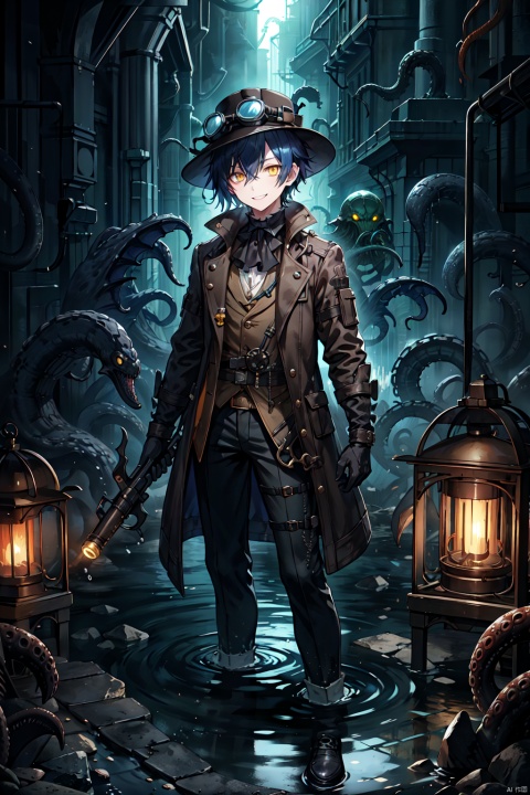  solo,shota,male_focus,dark_blue_hair,very_short_hair,yellow_eyes,detective,supersteampunk,
goggles on headwear,revolver,brown_jacket,assertive,black gloves,victorian,bare_foot,sewer,flashlight,pollution,water,smile, Cthulhu