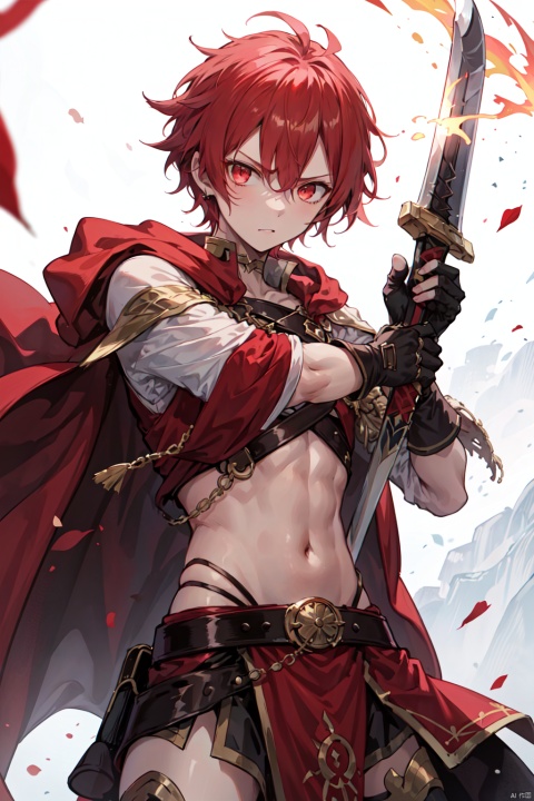  alexanderfgo, 1boy, navel, stomach, waist cape, red cape, off the shoulder, pelvic curtain,looking_at_viewer,serious,jewelry,short sword,fighting stance,flaming sword