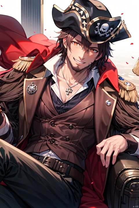 masterpiece,best quality, highly detailed, belmond banderas,male focus, solo, 1boy, black gloves, black pants, fingerless gloves, virtual youtuber, epaulettes, black jacket, stubble, collared shirt, open jacket,, looking at viewer, short sleeves,grin, sitting, red cape, brown shirt, belt buckle, white shirt, brown jacket, beard, brown belt,
pirate costume,pirate hat,1