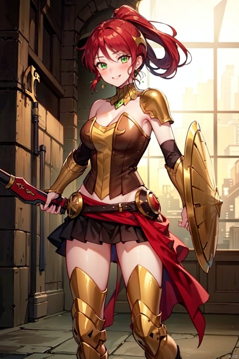 masterpiece,best quality, highly detailed, pyrrha nikos,1girl, solo,armor, ponytail, earrings, smile, looking at viewer, large breasts, blush,boots,weapon,shield
