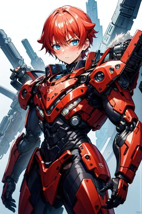  masterpiece,best quality, highly detailed, hibiki yuuta,male focus,1boy,solo,blush,looking at viewer, Tyrant mecha,serious,weapon,upper_body