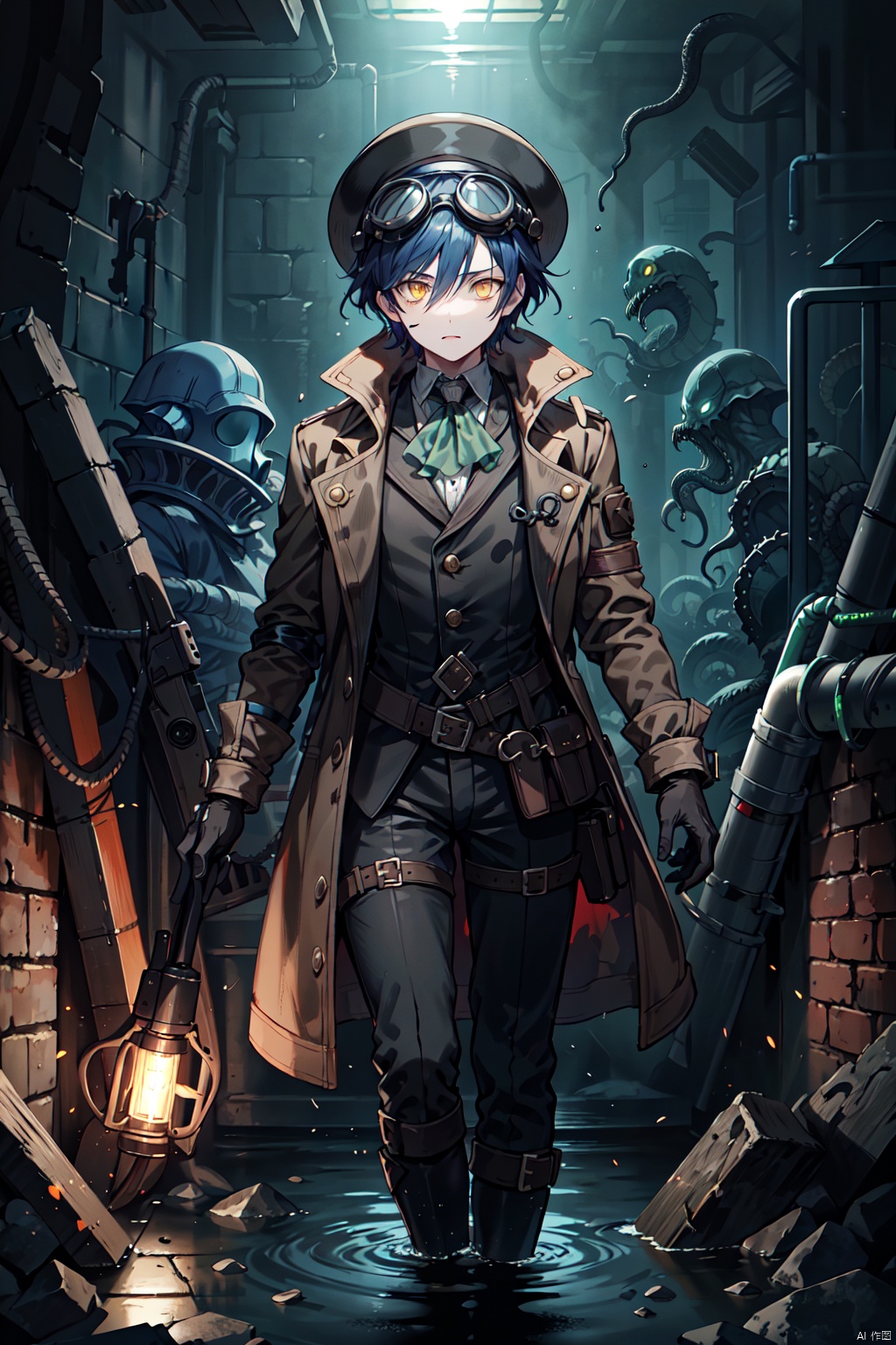  solo,shota,male_focus,dark_blue_hair,very_short_hair,yellow_eyes,detective,supersteampunk,
goggles on headwear,revolver,brown_jacket,assertive,black gloves,victorian,bare_foot,sewer,flashlight,pollution,water, Cthulhu,affliction (darkest dungeon),
crazy