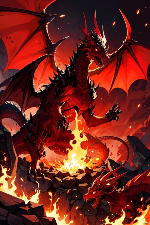 hell,dragons,demon,red_sky,molten rock,flame,