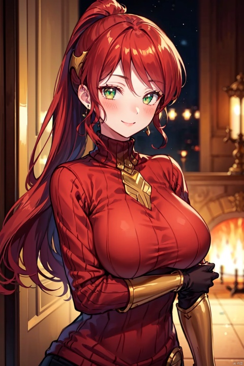 masterpiece,best quality, highly detailed, pyrrha nikos,1girl, solo,armor, ponytail, earrings, smile, looking at viewer, ribbed sweater, large breasts, blush,