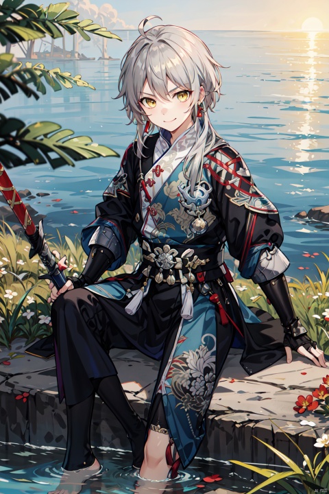  masterpiece, best quality, shota, mafeima, solo, grey hair, handsome,yellow_eyes,tassel_earrings,tassels,serious,water,armor,field of blades,kirin (armor),jian (weapon),chineseguard,bare_foot,smile,