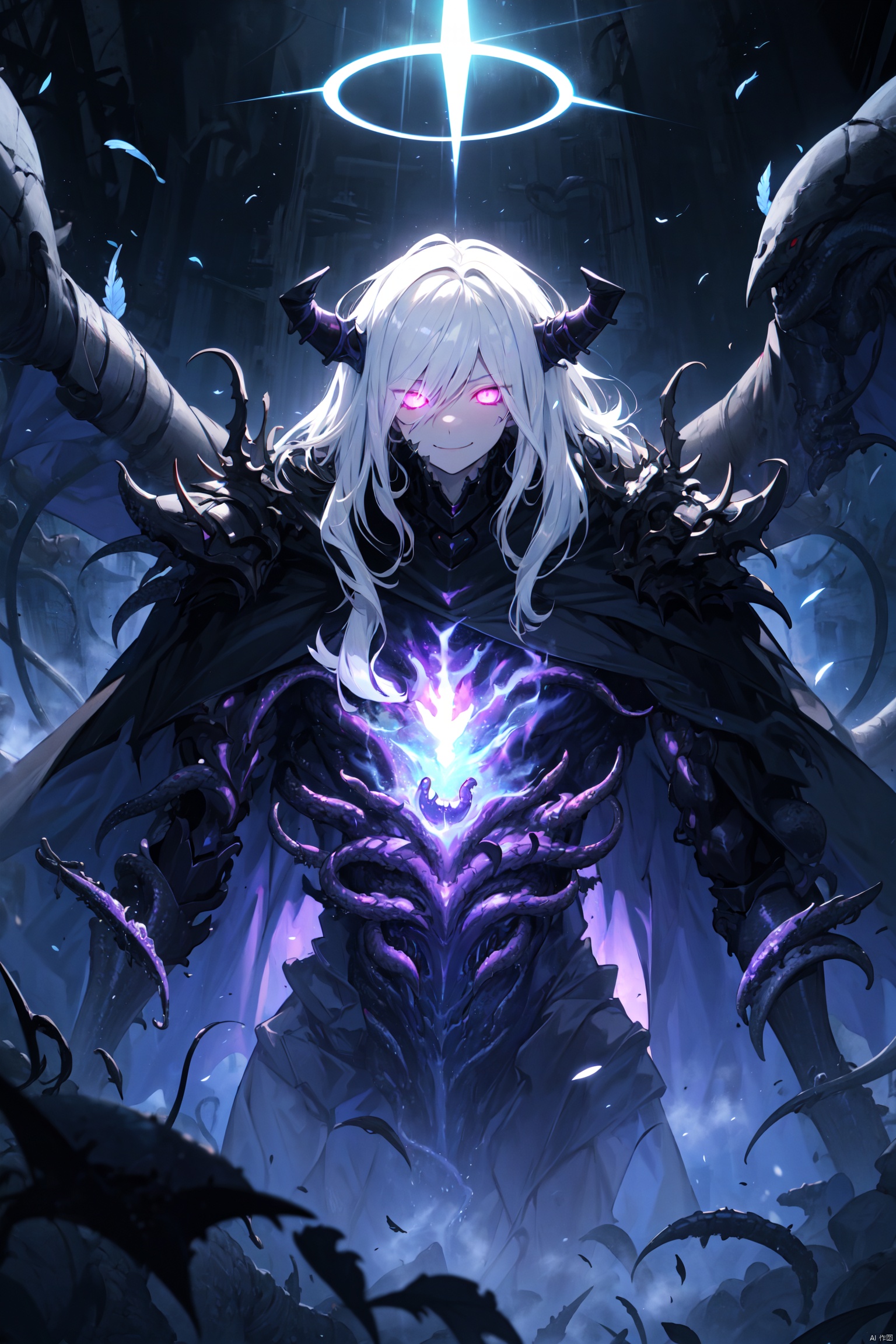  1boy, Elsword, black hair, (((short_hair_with_long_locks))), messy hair, purple eyes,white_streaked hair,muscler,looking_at_viewer,completely_naked,male_nipples,steaming,machinery,glowing eyes,tentacles,
lord of the mysteries, Cthulhu,many tentacles,
black_cape,upper_body,demon horns,evil_smile,feather_wings,halo,cthulhu mythos,rotting,purple theme, fazhen